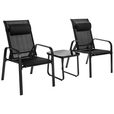 3 Pieces Patio Bistro Set with
Coffee Table and 2 Stackable
Chairs-Black