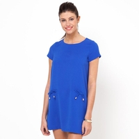 Short-Sleeved Straight Cut Dress with Pocket Detail